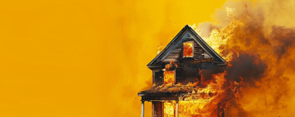 Wall Mural - A burning house engulfed in flames and smoke, isolated on a vivid yellow background. The bright