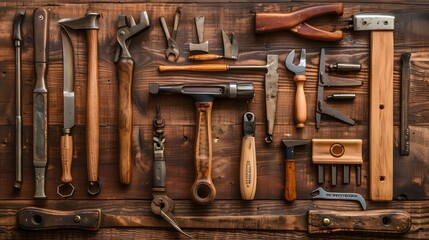 Set of carpenter's tools on wooden background. 