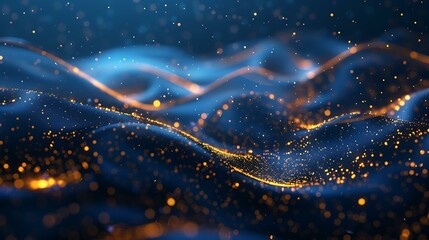 Poster - Dark blue background illuminated with shimmering gold particles creating a luxurious and elegant abstract design
