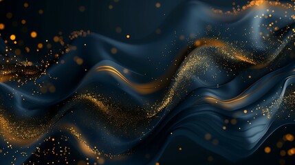 Poster - Dark blue background illuminated with shimmering gold particles creating a luxurious and elegant abstract design