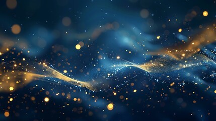 Poster - Deep blue abstract background enhanced with delicate, glowing gold particles forming intricate patterns