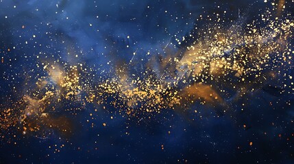 Poster - Elegant dark blue canvas adorned with radiant gold particles cascading like stardust