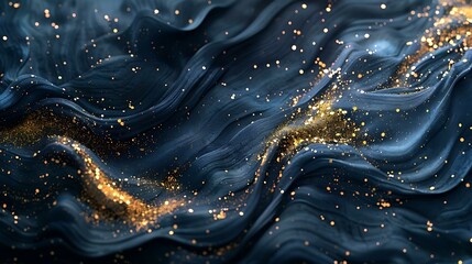 Poster - Elegant dark blue canvas adorned with radiant gold particles cascading like stardust