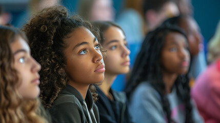 2. group of diverse high school students listening attentively to a lecture in a modern classroom