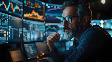 Poster - Intense Focus of Financial Analyst Examining Market Data on Multiple Screens