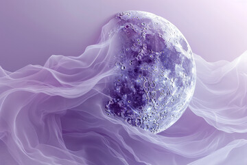 Poster - A crescent moon with thin, flowing lines extending outward, on a soft lavender background,