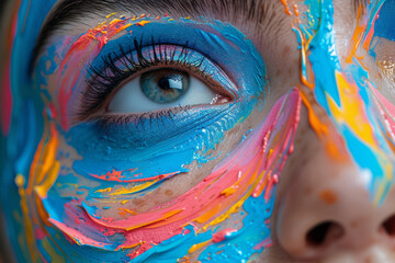 Poster - an abstract composition of a girl with exaggerated, oversized makeup tools, painting her face with b