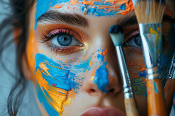 Poster - an abstract scene of a girl with oversized, colorful makeup brushes, painting her face with bold col
