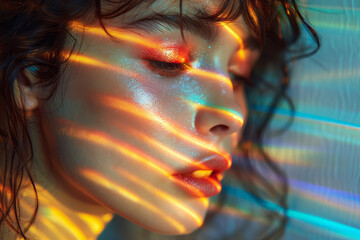 Poster - A surreal composition of a girl with her face melting into a rainbow, applying bright pink eyeshadow,