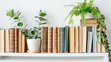 Sticker - Modern hardcover books arranged on white table with green plant symbolizing reading and learning