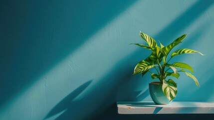 Green plant on shelf by blue wall