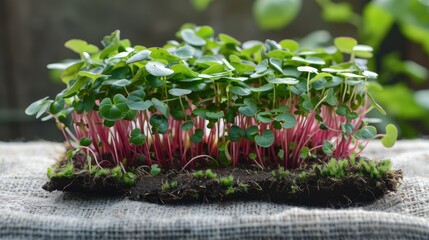 Canvas Print - Growing Radish Coral Microgreens on Linen Mat for Nourishment