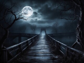 an old bridge over a river at night with a full moon in the sky