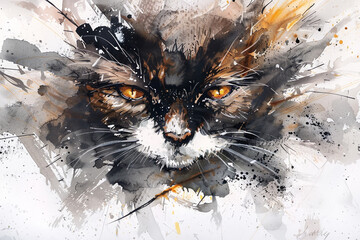 Wall Mural - A cat with a black and orange face is painted on a white background