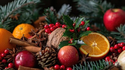 Wall Mural - Holiday arrangement featuring fruits and spices