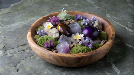 Teak Bowl of Hawk's Eye with Lepidolite, Amethyst and Dried Spring Flowers and Moss