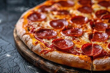 Wall Mural - Tasty pepperoni pizza and cooking ingredients tomatoes basil on black concrete background