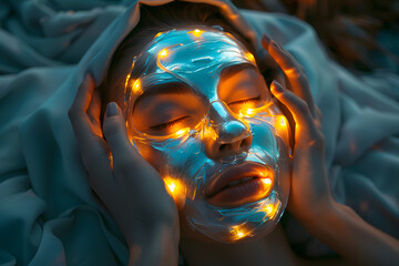 Canvas Print - Hands holding a luxurious face mask, emphasizing self-care rituals.woman is wearing a mask with lights that illuminate her face