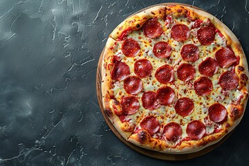 Wall Mural - Tasty pepperoni pizza and cooking ingredients tomatoes basil on black concrete background