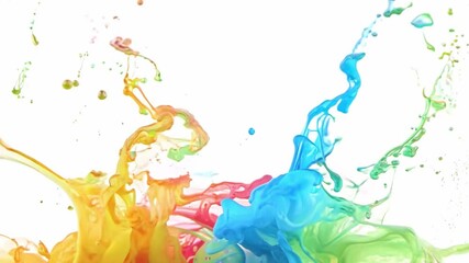 Fototapete - Abstract paint splashes of yellow, orange, green, blue, and red on a white background.
