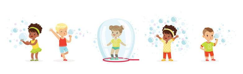 Poster - Funny Boy and Girl Playing with Soap Bubbles Vector Set