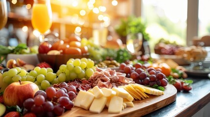 Appetizer platter with cheese, grapes, and prosciutto.