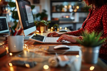 Woman, office and computer with reading on tablet for email or deadline as project manager in web agency. Female person, business and workplace on tech for planning, ideas as professional for company