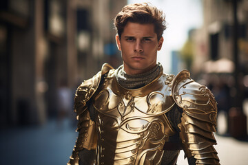 Man in golden shiny knight armor in modern city street