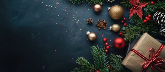 Poster - A festive Christmas scene with tree decorations gifts and branches from above featuring ample copy space image