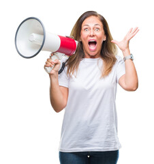 Canvas Print - Middle age hispanic woman yelling through megaphone over isolated background very happy and excited, winner expression celebrating victory screaming with big smile and raised hands