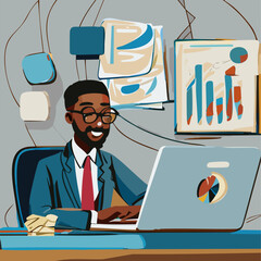 Poster - Manager with laptops analysing data business graph, statistical annual report, finance concept. Vector