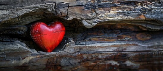 Sticker - Valentine s Day concept with a single red heart in a rustic wooden crevice creating an ideal copy space image