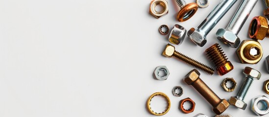 Poster - A variety of nuts and bolts displayed on a white backdrop with copy space image