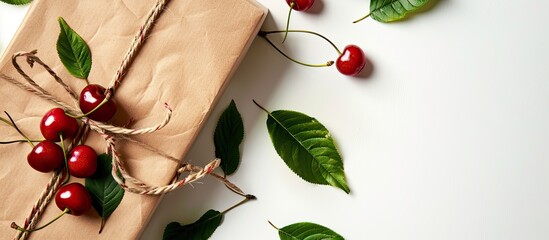 Poster - A brown gift box adorned with red cherries and green leaves tied with string on a white background perfect for expressing love with copy space image