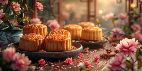 Canvas Print - Traditional Mooncake Festival setup for National Mooncake Day, October 4th, ornate mooncakes, cultural celebration, festive table