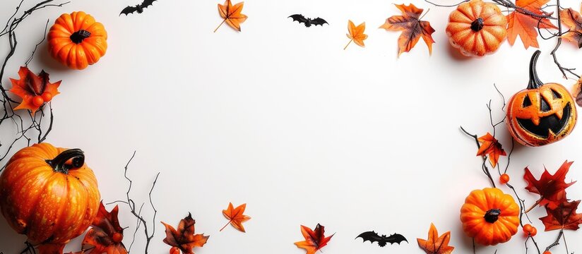 Halloween decorations set against a white backdrop with empty space for text or graphics known as a copy space image