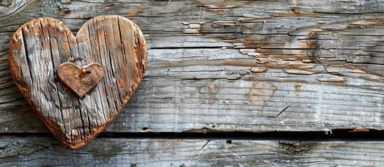 Sticker - A rustic heart crafted by hand on a weathered wooden backdrop with space for text or design seen from above. Copy space image. Place for adding text and design