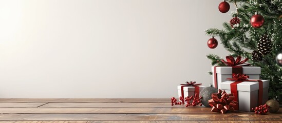 Poster - Desk with Christmas present displayed against a blank backdrop providing a copy space image