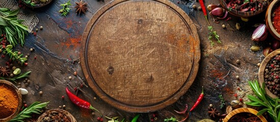 Poster - Top view of a round wooden cutting board surrounded by various spices and herbs on a dark brown backdrop ideal for menu recipe or banner with copy space image