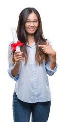 Poster - Young asian woman holding degree over isolated background with surprise face pointing finger to himself