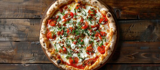 Wall Mural - A top down view of a Pizza Margarita on a rustic wooden table creating a tasteful still life arrangement with room for additional elements in the image