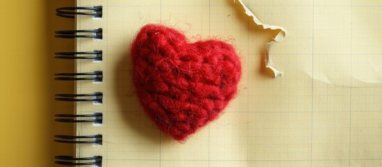 Wall Mural - Red heart shaped woolen toy and torn notebook sheet on yellow paper with a copy space image