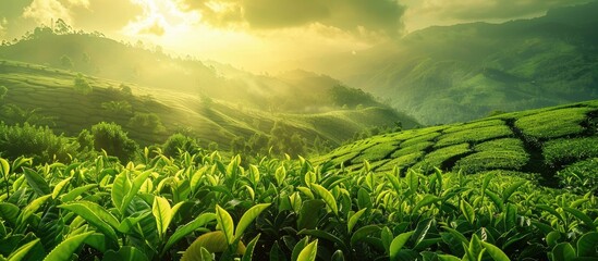 Canvas Print - Spring foliage on tea plantations with a serene landscape perfect for copy space image