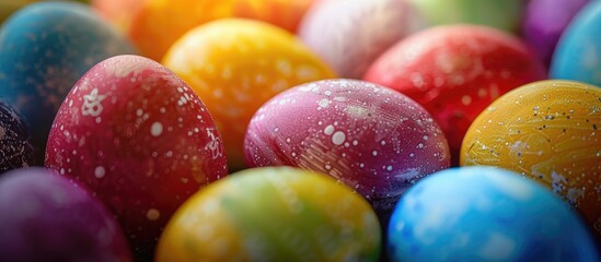 Canvas Print - Close up macro of colorful Easter eggs embodying holiday cheer and the spirit of a happy Easter with copy space image