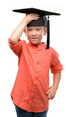 Poster - Dark haired little child wearing graduation cap stressed with hand on head, shocked with shame and surprise face, angry and frustrated. Fear and upset for mistake.