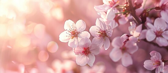 Poster - Close up of blooming cherry blossoms with copy space image