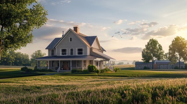 rural farmhouse with wrap-around porch: generate a prompt for a photo realistic image of a rural far