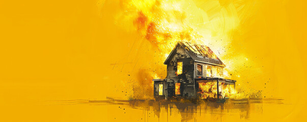 Wall Mural - A burning house engulfed in flames and smoke, isolated on a vivid yellow background. The bright