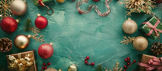 Poster - A Christmas themed flat lay featuring old fashioned elements like gift boxes baubles and tinsel on a green surface The layout offers a top view with room for text or images. Copy space image