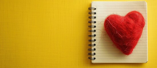 Wall Mural - Red heart shaped woolen toy and torn notebook sheet on yellow paper with a copy space image